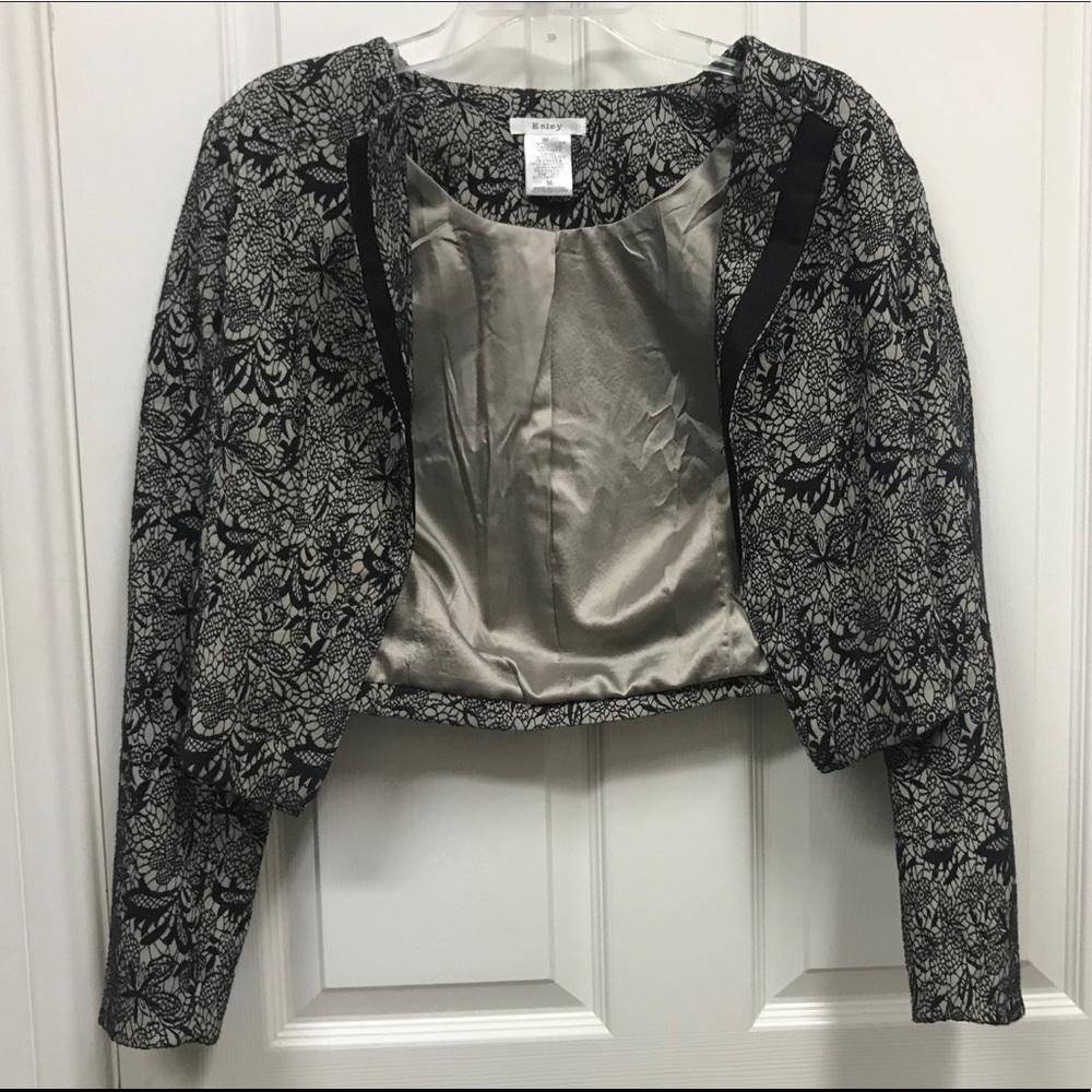 Esley, tuxedo style jacket, lace overlay, size M